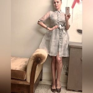 Grey Silk Retro Style Lined Party dress Cocktail Bridal Full skirt Tie sash New